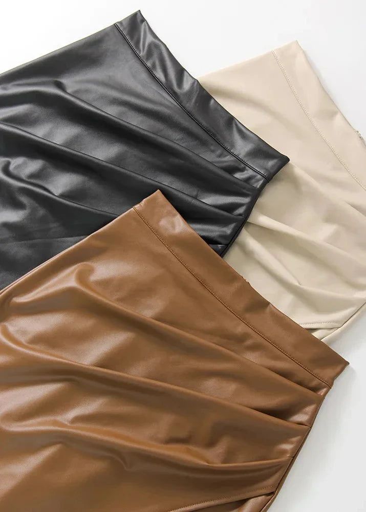 Draped Faux Leather Midi Skirt with Slit - Women's Elegant Pencil Skirt - Available in Black, Beige, Brown